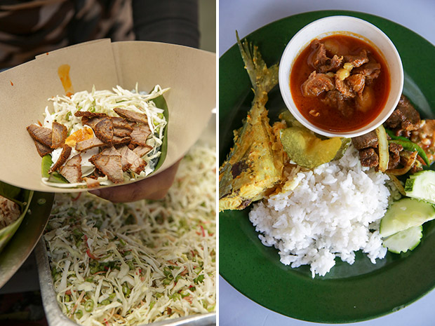 Most patrons pack their rice home like this nasi kerabu with daging salai (left). For lunch, it is nasi campur with fish, stir fried beef, beef curry and pungent tempoyak (right).