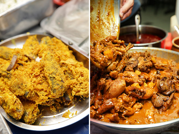 They use fresh sardines for the nasi kerabu (left). The crowd favourite is this delicious gulai ayam (right).