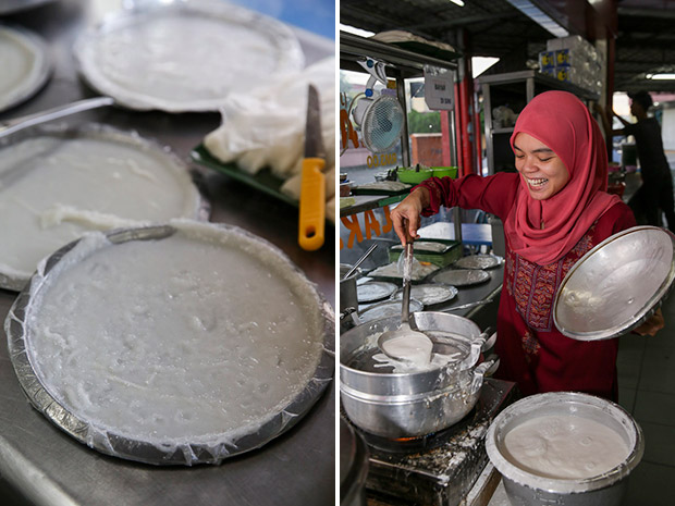 The laksam is prepared on aluminium lids as the rims prevent the rice flour mixture from spilling out (left). Che Norsaadah Che Muda is the lady behind the homemade laksam (right).