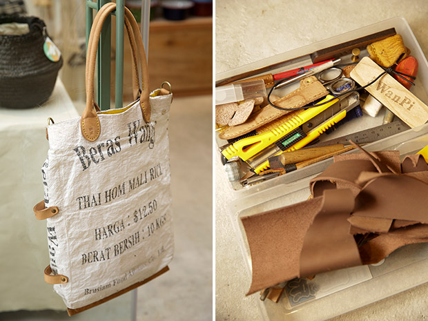 Upcycled rice sacks with leather details for the ultimate cool look (left). Leather making tools from the US (right).