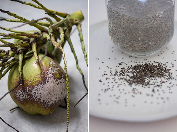 Young, green coconuts filled with sweet coconut water (left). Tiny chia seeds full of nutrients (right).