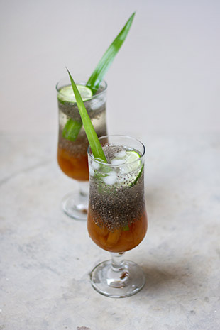 The layer of amber-hued sea coconut in syrup adds body to the drink.