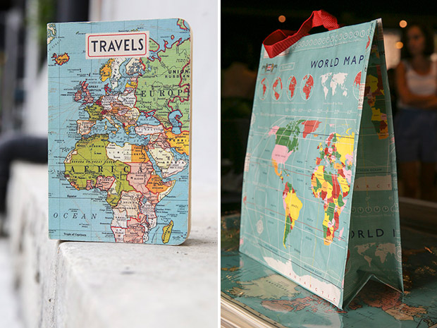 Plan your next trip with this Traveller notebook (left). Look smart when you do grocery shopping with this recycled bag with a cool map design (right).