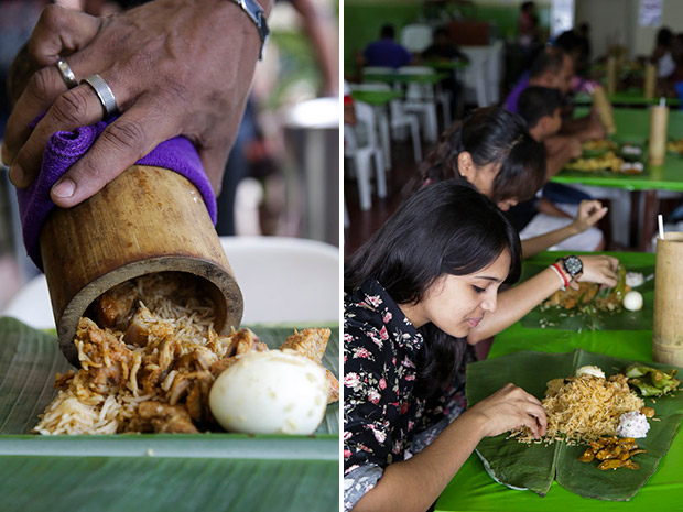 The biryani is poured out from the bamboo tube onto a banana leaf (left). Once the food is here, time to eat! (right).