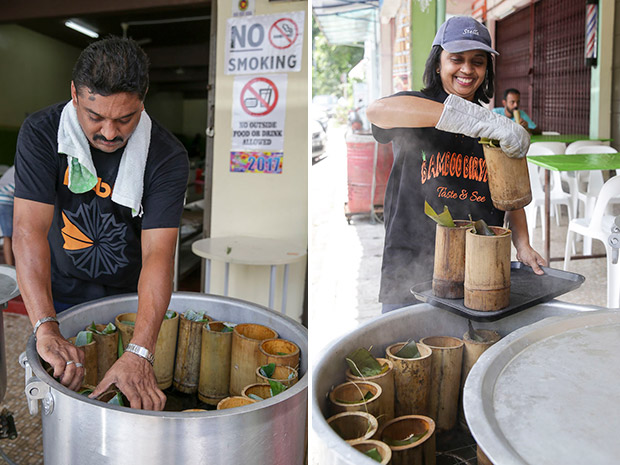 During the weekdays, Valbert James runs a tour agency but for weekends, he is in charge of steaming the biryani in the bamboo tubes (left). Stellamary a/p Mariapragasam originally started Bamboo Biryani as a roadside stall (right).