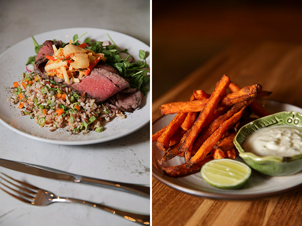 Bovine lovers will enjoy the hearty Grain-fed Beef Sirloin, Fittie Kimchi & 10-grain Rice with Watercress Radish Salad (left). Snack on these Air-fried Paprika Sweet Potato Fries with Yoghurt & Lime Sauce (right).