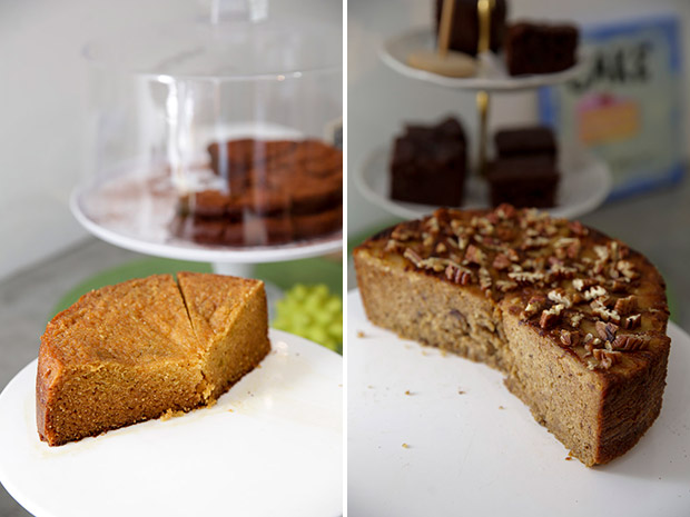 Kaffir Lime & Coconut Pound Cake is a must for those who love the refreshing citrus aroma (left). The signature Apple Cake is made with almond meal and sweetened with dates and honey (right).