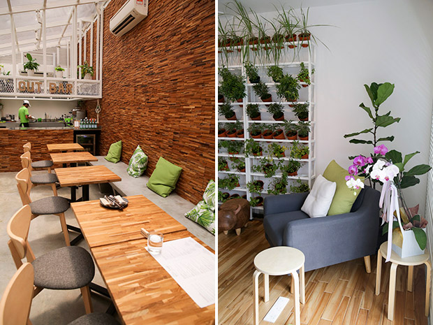 Score a table under the skylight for the best Instagram shots (left). You can relax on the sofa and chairs as you sip your kefir drinks or even a cup of Fittie Coffee laced with coconut oil (right).