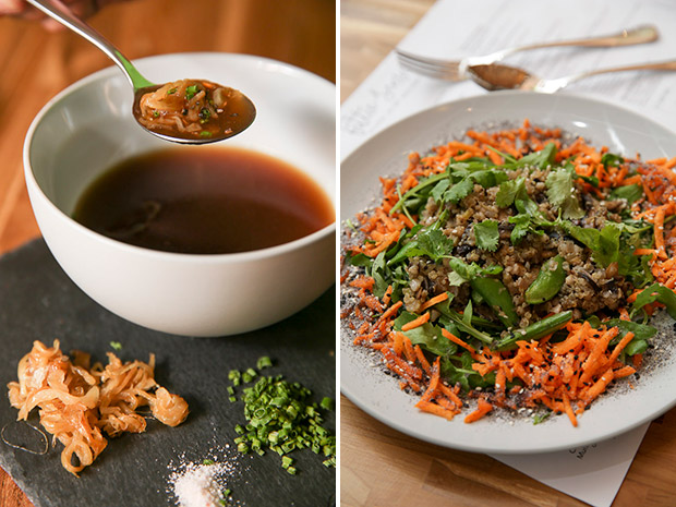 No wonder everyone is abuzz over this comforting Signature 48-Hour Grass-Fed Beef Bone Broth served with caramelised onions (left). The Quinoa, Buckwheat & Shiitake Salad with Carrot, Coriander & Black Rice is served warm (right).