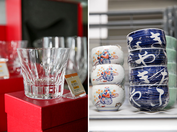 Baccarat crystalware is a favourite among the customers (left). Japanese ceramic ware are sold in sets for easier shopping (right).
