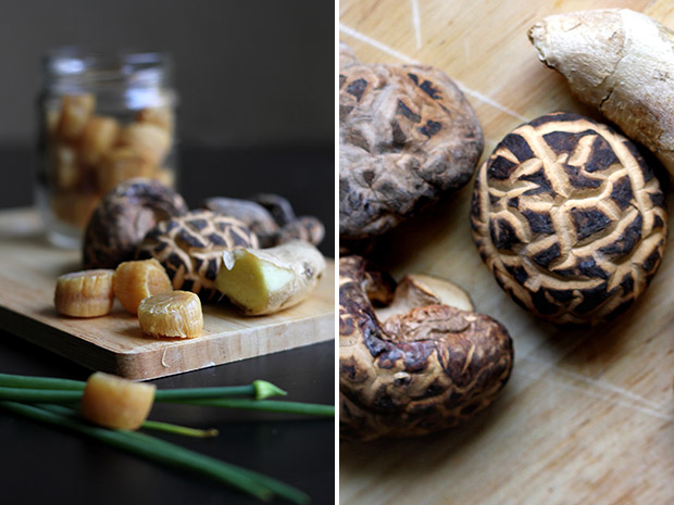The dried scallops (or conpoy) have a lovely sweet, briny flavour (left). Dried shiitake mushrooms can be easily rehydrated to provide a burst of umami (right).