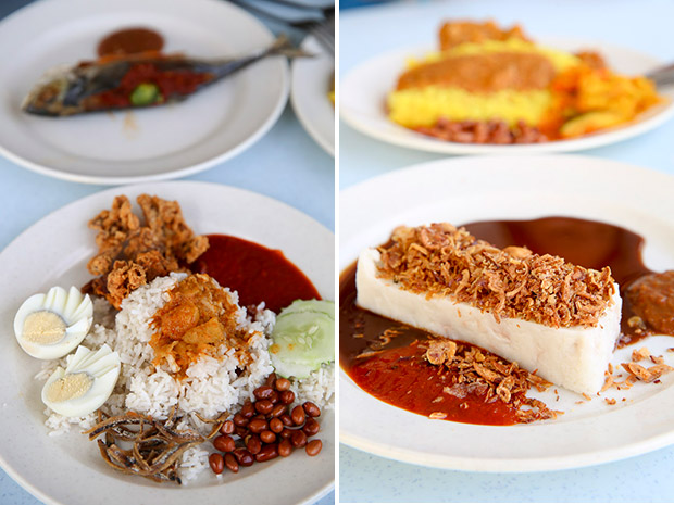 Nasi lemak comes with a choice of fried mushrooms, chicken rendang, beef curry, mutton rendang, cockles or sotong (left). Try the yam cake topped with fried shallots and dried prawns (right).