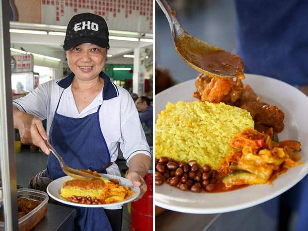 Helen picked up her cooking skills from her Nyonya grandmother and aunt (left). Spooning the chicken curry on the plate (right).