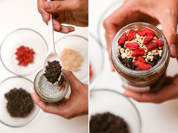 Adding organic cocoa nibs to the chia seed pudding (left). The Chocolate Goji Berries Chia Pudding is perfect for meal replacement (right).