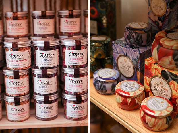 Have a tea break with Sipster Flower Teas (left). Get into a Zen mode with Voluspa Candles (right).