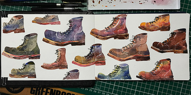 Boots of every size and colour, iterated by Amin Daud in watercolour.