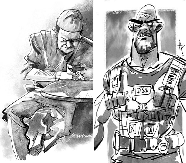 This black and white illustration is of Amin Daud’s father (left). One of Amin Daud’s random sketches (right).