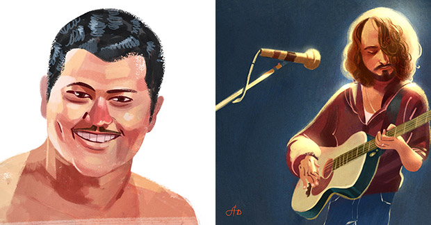 Amin Daud’s rendition of Malaysian celebrity P.Ramlee (left). Amin Daud also drew the late Chris Cornell as one of his watercolour works (right).