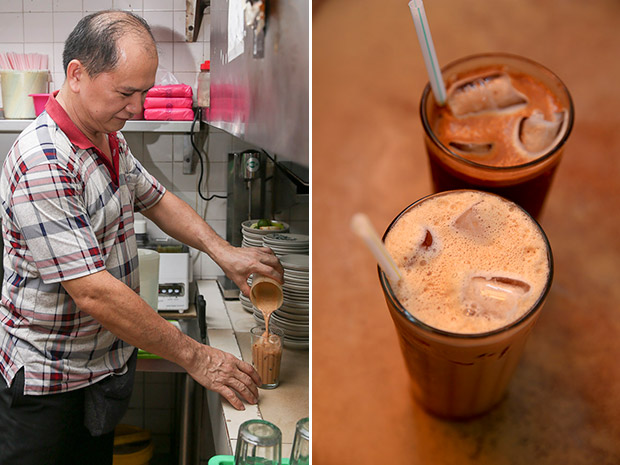 Loo Yong Wee reversed engineered the method to making the fragrant creamy cold milk tea (left). Accompany your noodles with the coffee shop’s superb teh si peng or kopi peng (right).
