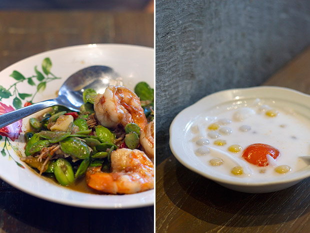 Pad namprik sa-taw goong sod (southern wild beans and prawns) (left). Bua loy kai kem waan (rice flour dumplings and salted egg yolk in coconut cream) (right).