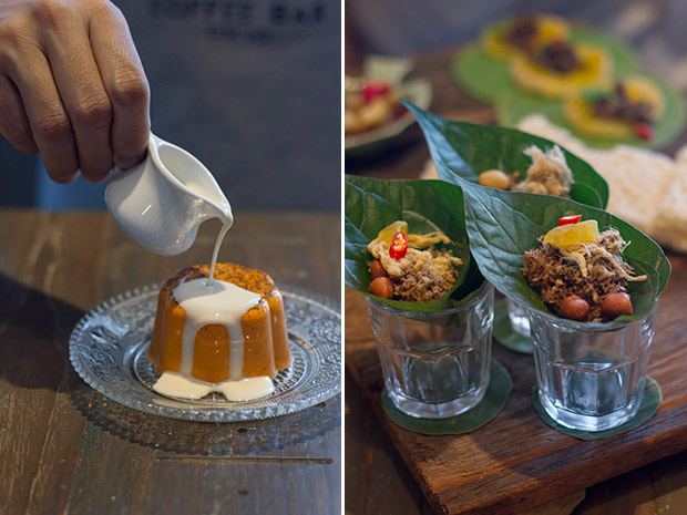 Thai tea panna cotta (left). Mieng yong (dried shredded pork, peanuts and roasted coconut wrapped in cha plu leaves) (right).