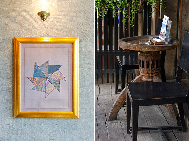 Framed pieces of woven Thai silk in geometric pattern (left). The verandah outside Supanniga is perfect for lingering after a good meal (right).