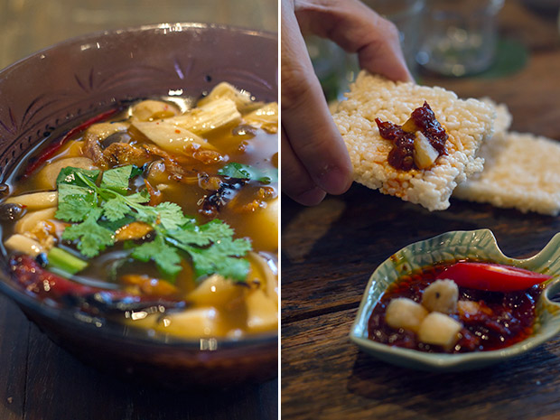 Tom kloang pla nue aon krob (a spicy herbal soup with smoke-dried and deep-fried Nue Aon fish) (left). Khao tung namprik pao kak moo (rice crackers with chilli pork crackling dip) (right).