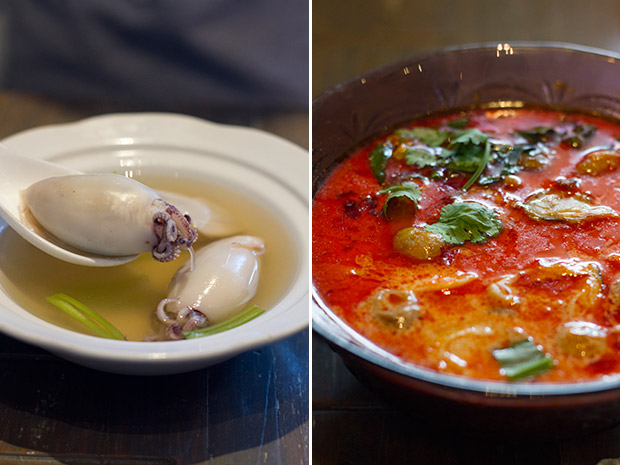 Pla muek yud sai (a clear broth with stuffed baby squids) (left). Tomyum goong (hot, sour and spicy soup with prawns) (right).