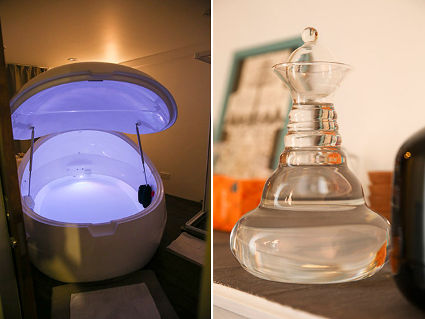 The light inside the pod changes colour from time to time, and you can turn it off if you prefer to float in darkness (left). This unique carafe energises water and enhances its taste (right).