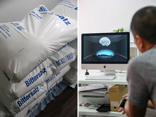 Food grade Epsom salt is used in the flotation pods (left). Before the first float, guests are shown a short video that explains what flotation therapy is (right).