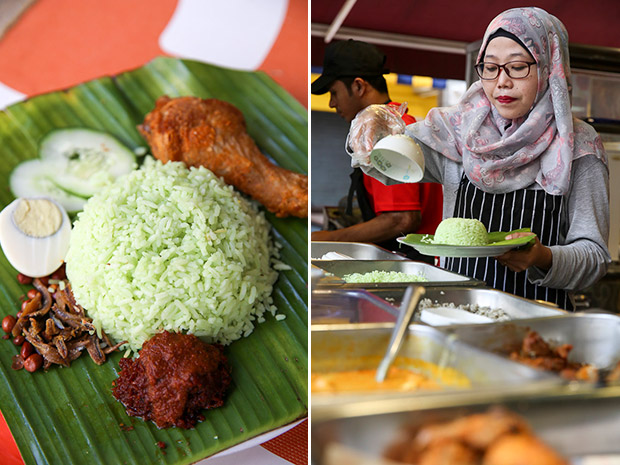 Try the nasi lemak Sri Pandan scented with pandan with a piece of fried chicken and a dollop of sambal (left). All the rice cooked at Mari Canai is steamed in small batches (right).
