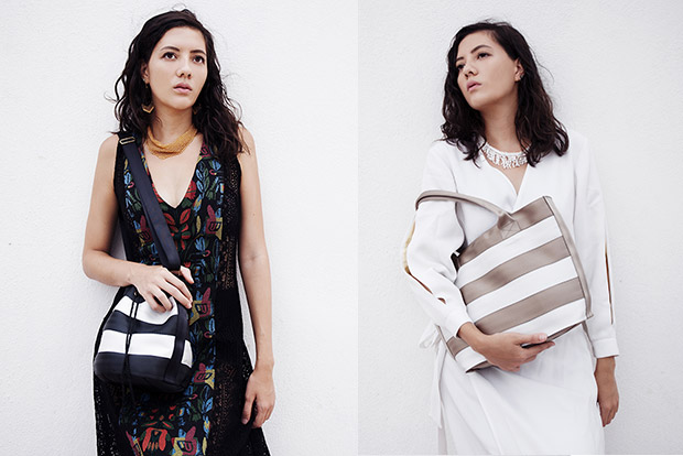 The Balsam bag is a bucket bag that’s made of seat belts (left). The Peony tote is the best-seller (right).
