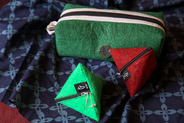 Pouches made from felt carpet materials.