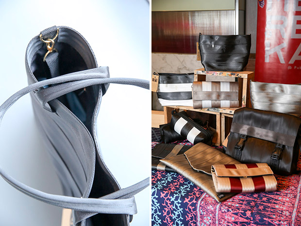 One of the seat belt bags comes with a strap (left). Seat belt bags are Biji-Biji’s signature designs under the fashion arm (right).
