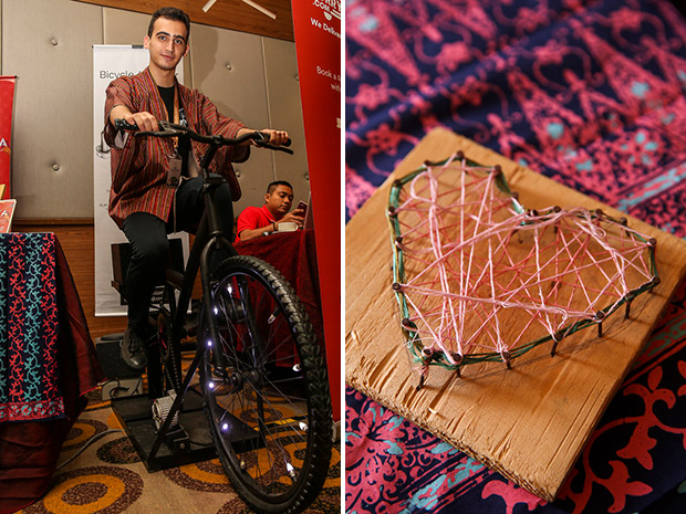 Ardeshir Hamedani, an intern at Biji-Biji shows how to generate power using a bicycle (left). String art made of recycled materials (right).