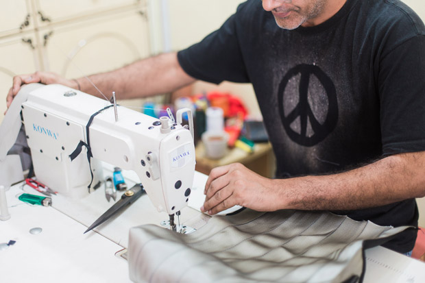 The making of seat belt bags takes skill and patience.