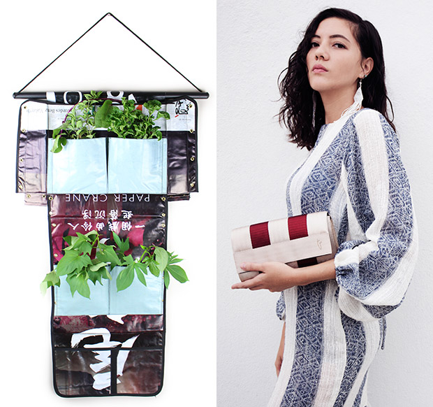 The vertical garden made of banners and seat belts (left). Camelia clutch in limited edition colours (right).