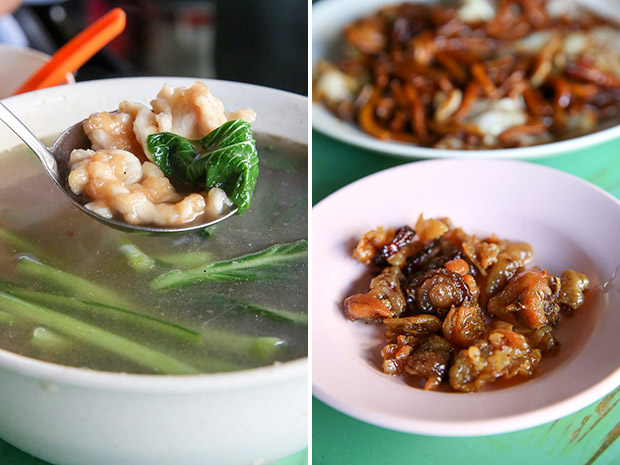 Try the comforting bak chor teng made with chicken (left). If you are feeling decadent, ask for extra fried chicken fat on the side (right).