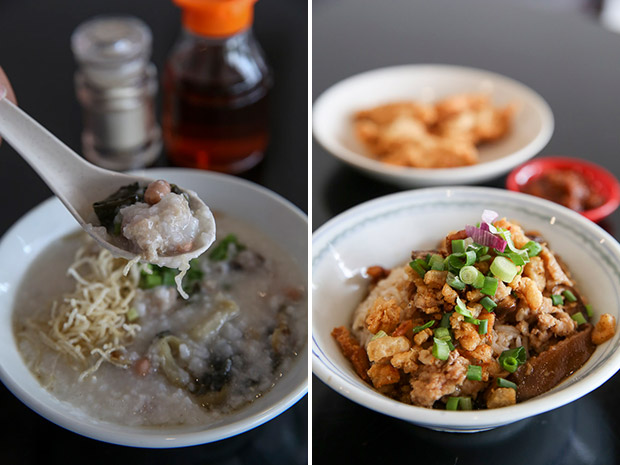 Try the simple Dried Veggie Porridge that is packed with flavour (left). Lardy Rice is a sinful addition to the menu with its fried pork lard, mince and shiitake mushrooms topping (right).