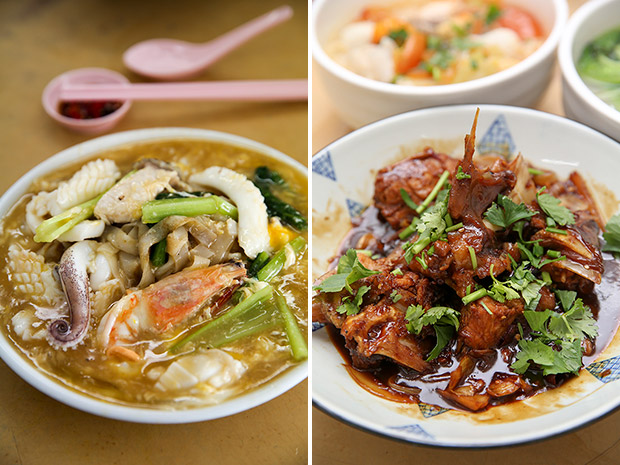 Get up early to score this superb seafood fried noodles (left). You can order a variety of braised fish head dishes like this popular signature version (right).