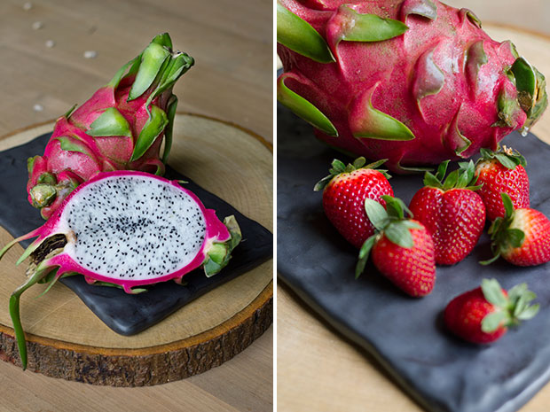 Which of Daenerys Targaryen’s three dragons does your dragon fruit remind you of? (left). Fresh, luscious strawberries have the bloom of a Tyrell rose (right).
