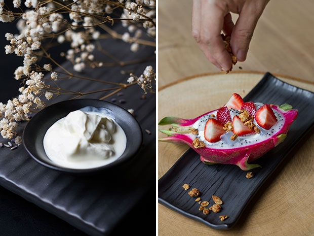 The heavy snow of Winterfell is represented by thick Greek yoghurt (left). Garnish with granola just before serving (right).