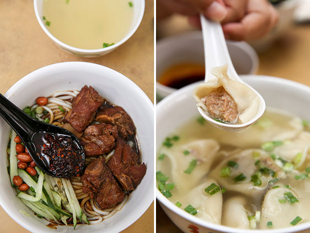 A must-order here is their tender braised pork ribs noodles (left). Order a bowl of boiled jiao zi that is delicious with the spicy chilli sauce (right).