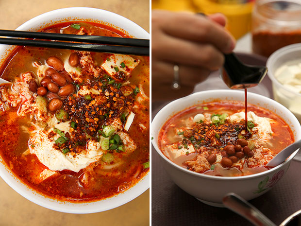 The ma lat soup noodles with a poached egg is perfect for a cool rainy day (left). Adding the final touches to the spicy, tangy ma lat soup noodles (right).