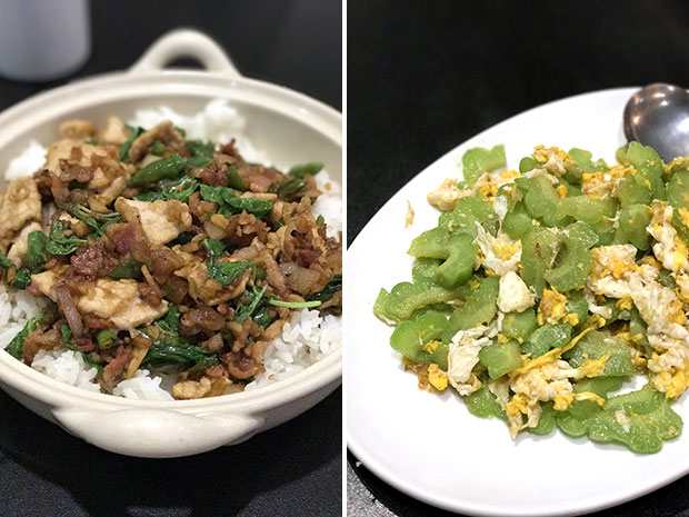 Pad krapao moo sap (stir-fried minced pork with chillies and Thai basil on rice) (left). Mara pad khai (stir-fried bitter gourd with egg) (right).