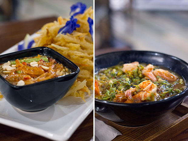 The spicy som tum dip full of dried prawns and peanuts (left). Kang cha-om khai (acacia leaf omelette, cowslip creeper and prawn in sour soup) (right).