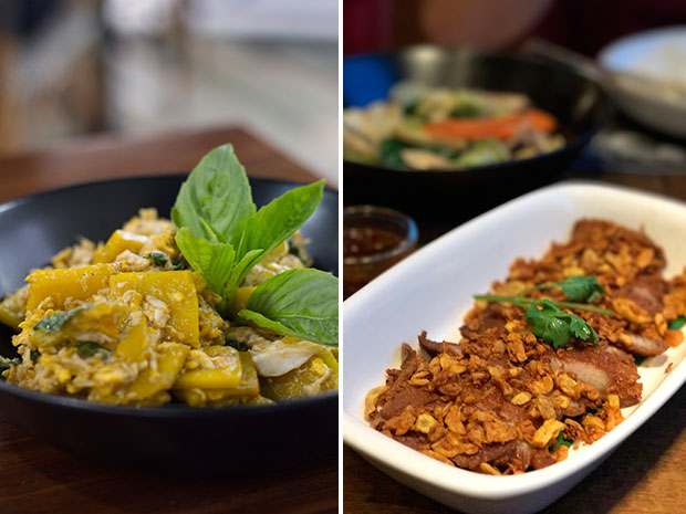 Fuk-tong pad khai (stir-fried pumpkin with salted egg and crab meat) (left). Moo kratiem (garlic fried pork) (right).
