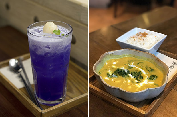 Iced nam dok anchan (blue pea flower tea) (left). Khanom jeen nam ya, a Southern Thai dish of yellow coconut curry with crab meat and vermicelli (right).
