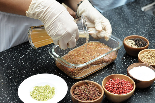 Organic apple cider vinegar is added as part of the curing process.