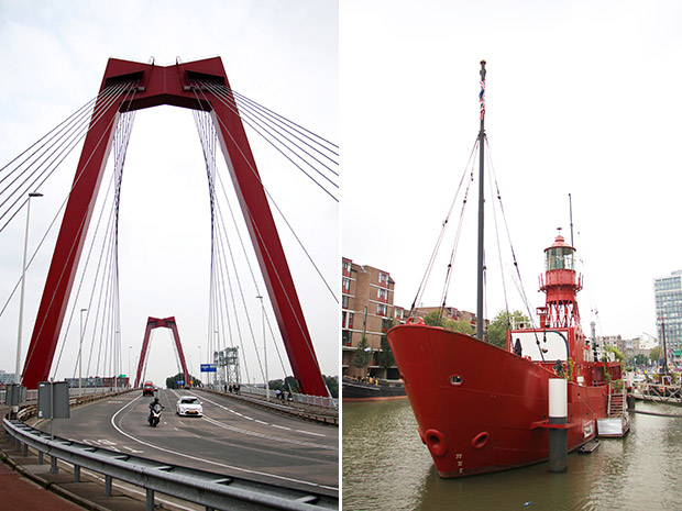 The Willemsbrug, a cable-stayed bridge that spans the Nieuwe Maas channel (left). Red is safe here; there are no bulls on the water! (right).